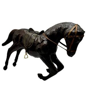 Vintage Leather Wrapped 15 x 8 in. Horse Figurine Statue - India - Glass Eyes
